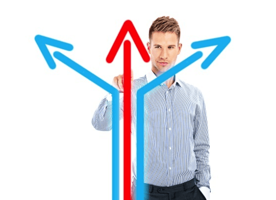 Artwork of red and blue arrows with man pointing at them 